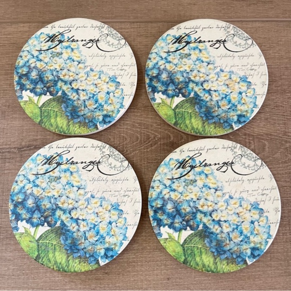 Hydrangea Floral Stoneware Coasters Set of 4 Made USA Cork Backing Eco Friendly‎